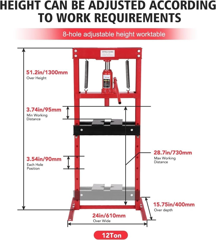12 Ton h-Frame Hydraulic Press, Heavy Duty Shop Press with Adjustable Work Ta...