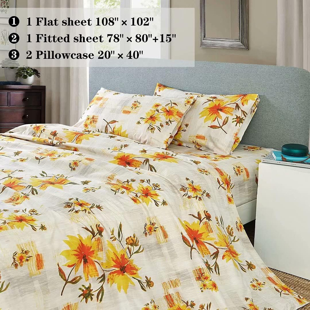 Rustic Yellow Floral Sheet Set Queen Size, 4 Piece Printed Microfiber Bedding Sh