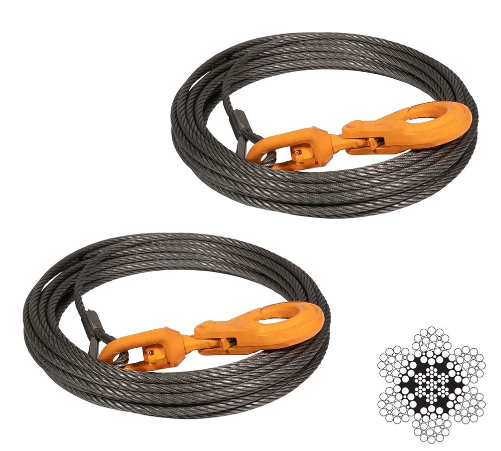 (2 Pack) Wire Rope Steel Core Winch Cable 3/8" x 100' Self-Locking Swivel Hoo...
