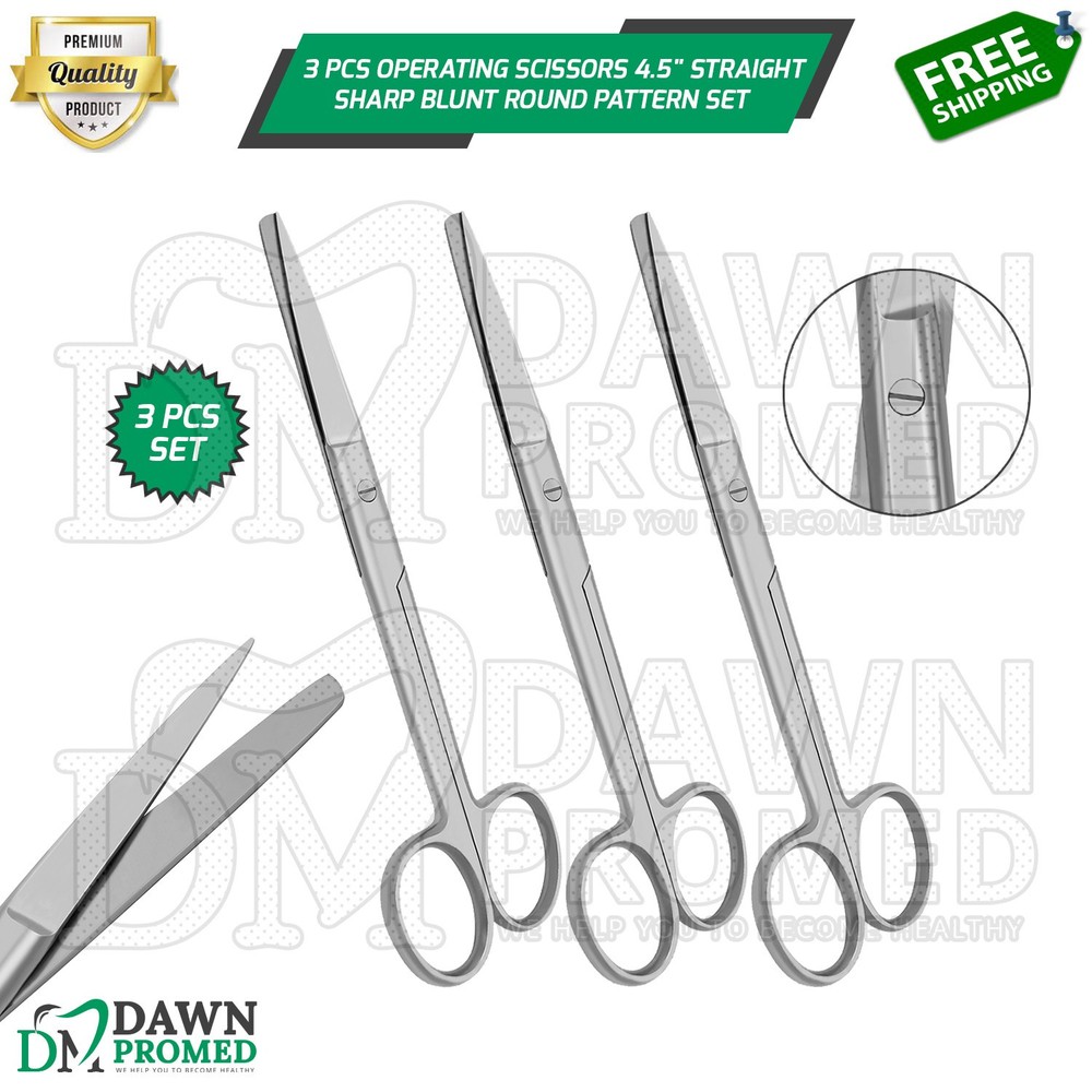 3 Pcs Operating Scissors 4.5" Straight Sharp Blunt Round Pattern Surgical Set