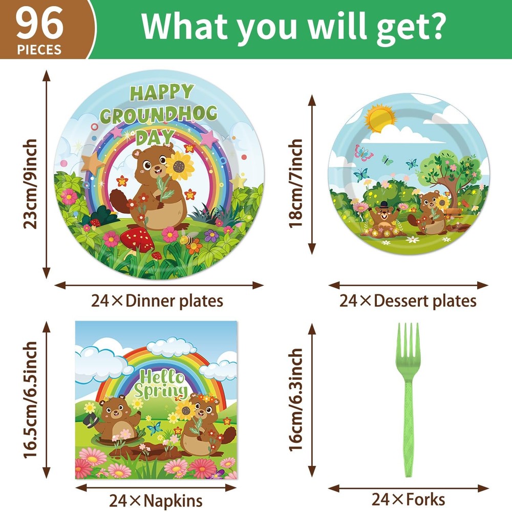 96Pcs Groundhog Day Decorations Tableware Set Happy Groundhog Day Paper Plate...