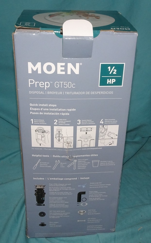 = new = open box = Moen prep GT50C GT Series 1/2 HP Continuous Garbage Disposal