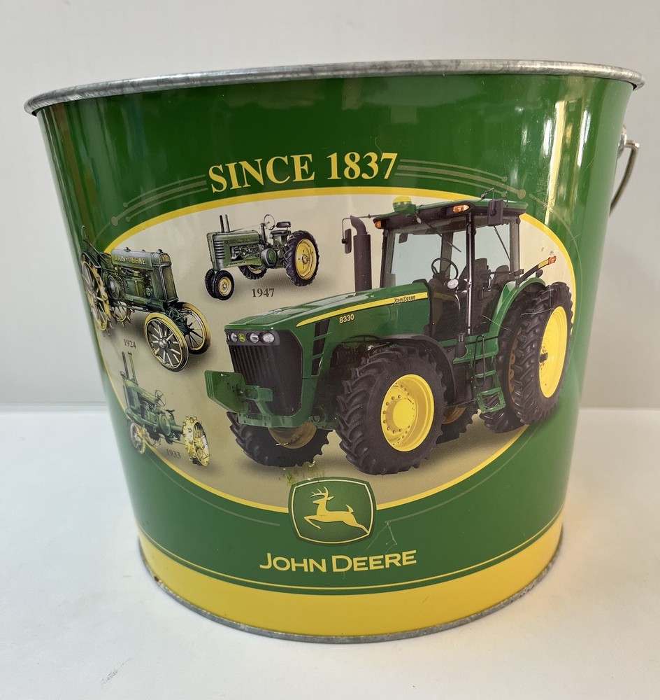 Decorative John Deere Tin Bucket w/Plastic Corn-shaped Grip Handle 7” H