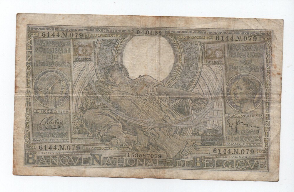 BELGIUM 100 FRANCS 1939 PICK 107 LOOK SCANS