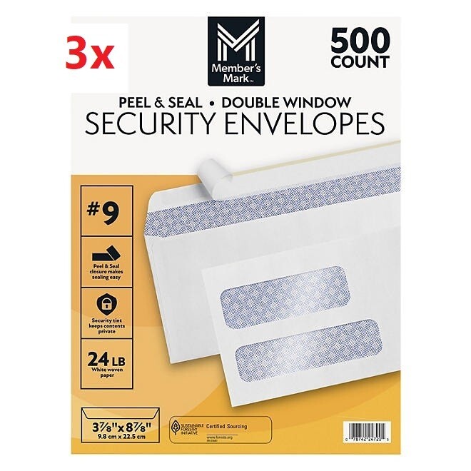 (3-Pack) Member's Mark Security Envelope #9, Peel & Seal Double Window (1500 ct)