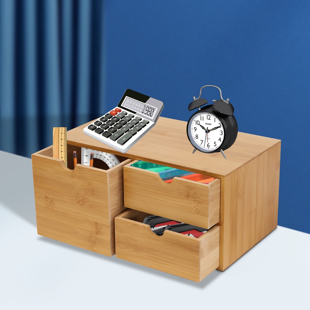 Desk Organizer Drawers Office Desktop Storage Bamboo Box Storage Recess Handle