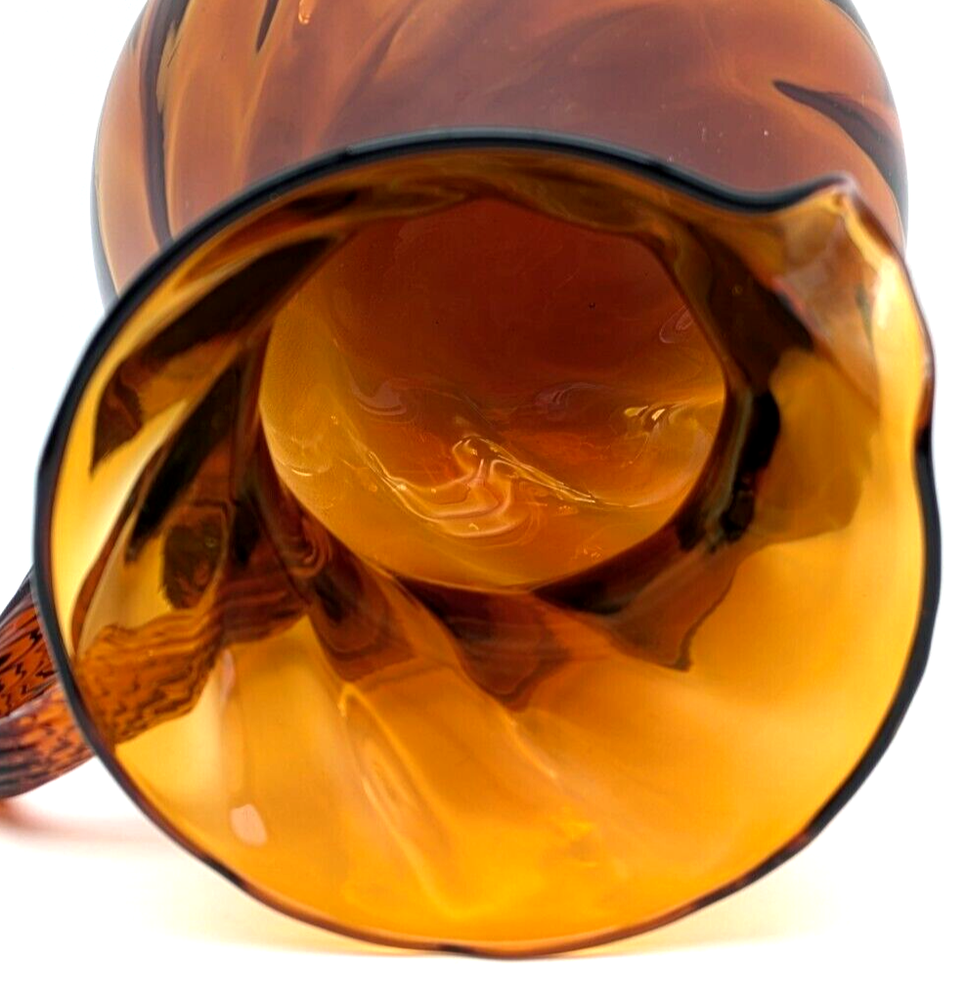 Hand Blown Amber Swirl Glass Pitcher With Applied Twisted Handle
