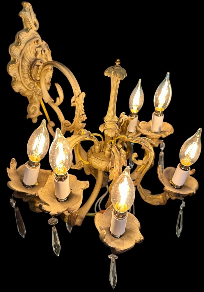 Restored Antique Solid Brass 5-Light Wall Sconce w/ Crystal Pendants GA20707