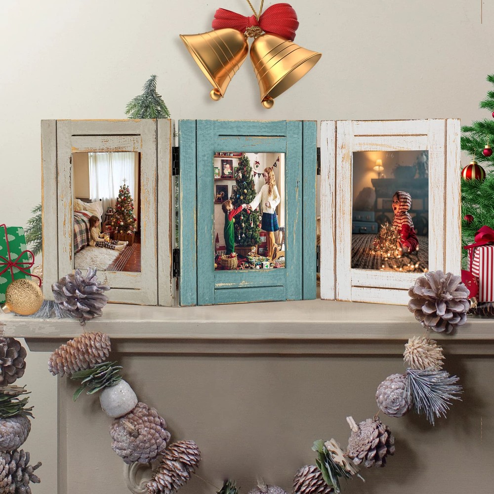 Rustic 3 Picture Frame 4X6 Triple Hinged Distressed Photo Frame for Tabletop ...