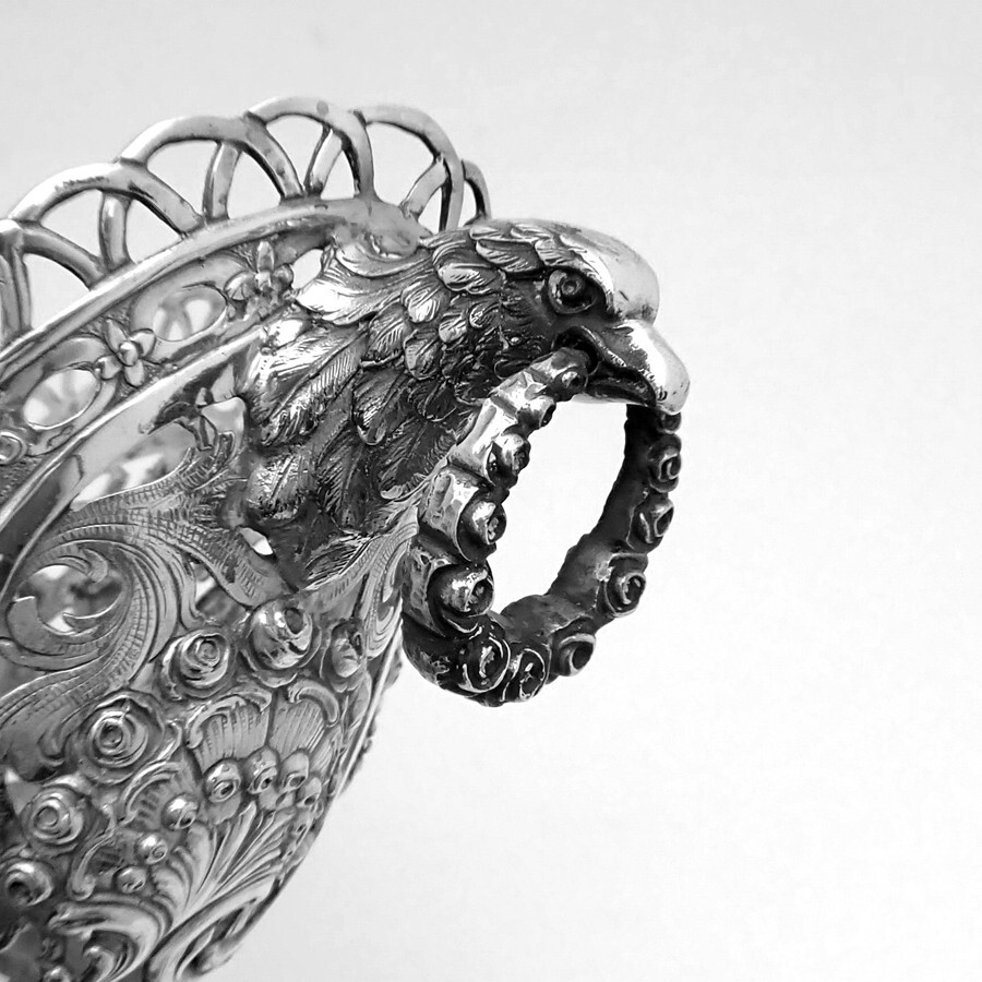 Ornate Footed Basket Open Work Designs Figural Handles 800 Silver