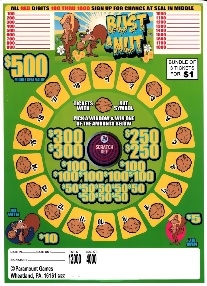 Pull Tab Ticket - Jars - Game - Window - Bust A Nut - 4,000 ct