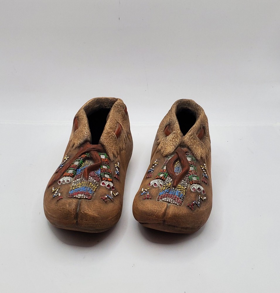 Ceramic Moccasin Pair Matte Native Design Unique Decorative Southwest Signed 6”