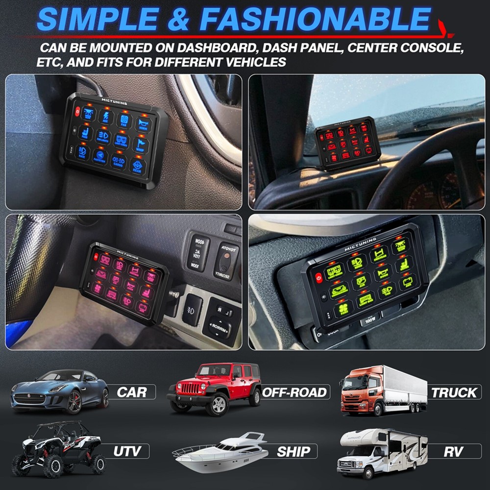 RGB 12 Gang Switch Panel ON/OFF LED Light Bar Electronic Relay System Marine Boa
