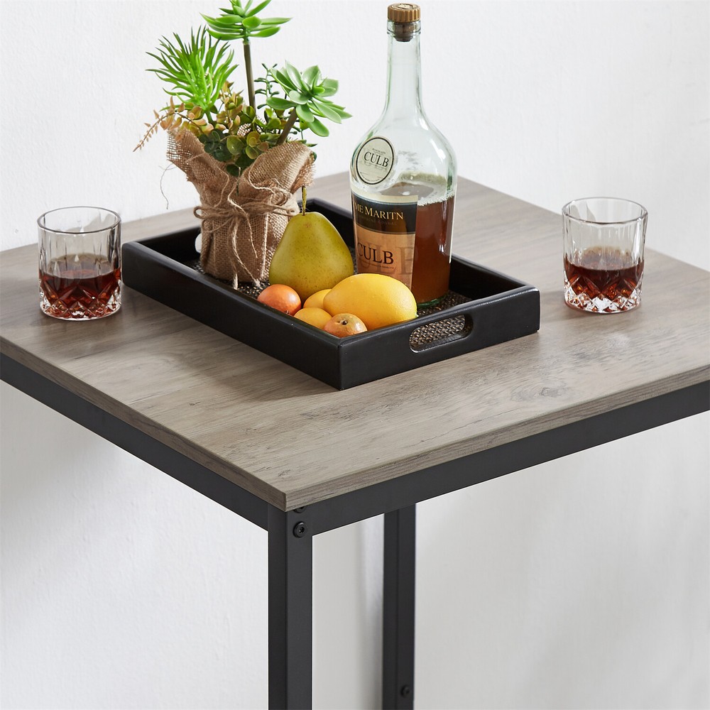 3 Piece Bar Table Set Counter Height Dining Kitchen Table with 2 Bar Stool Grey