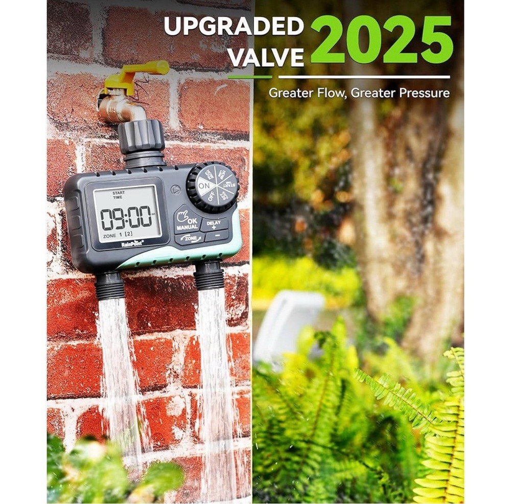 New ITV205 RainPoint Programmable 2 Zone Water Timer w/Rain Delay/Auto Control