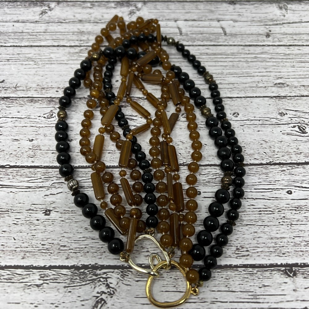 Vintage Beaded Necklace Multi Strand Brown Black Square Round