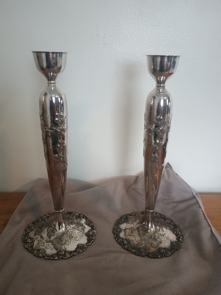Vintage Webster Silverplate Candlesticks, Grape Pattern 11 1/4" Tall