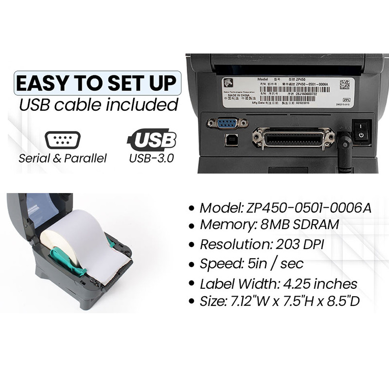 Zebra ZP450 Label Thermal Code Printer | USB, Serial, and Parallel Connectivity