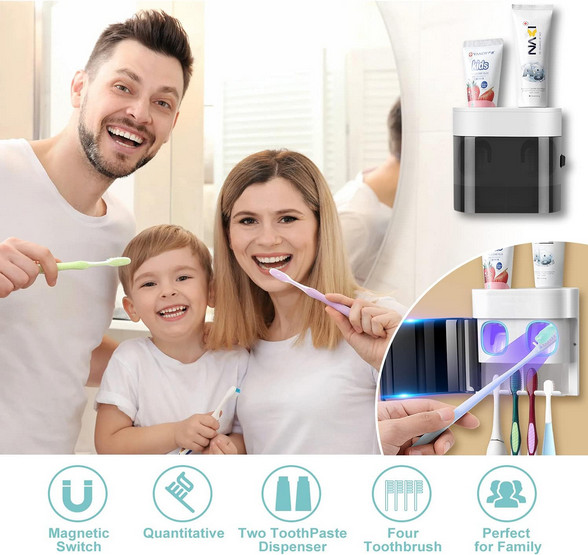 UV Toothbrush Holder Sterilizer w/ Automatic Toothpaste Dispenser Wall Mount