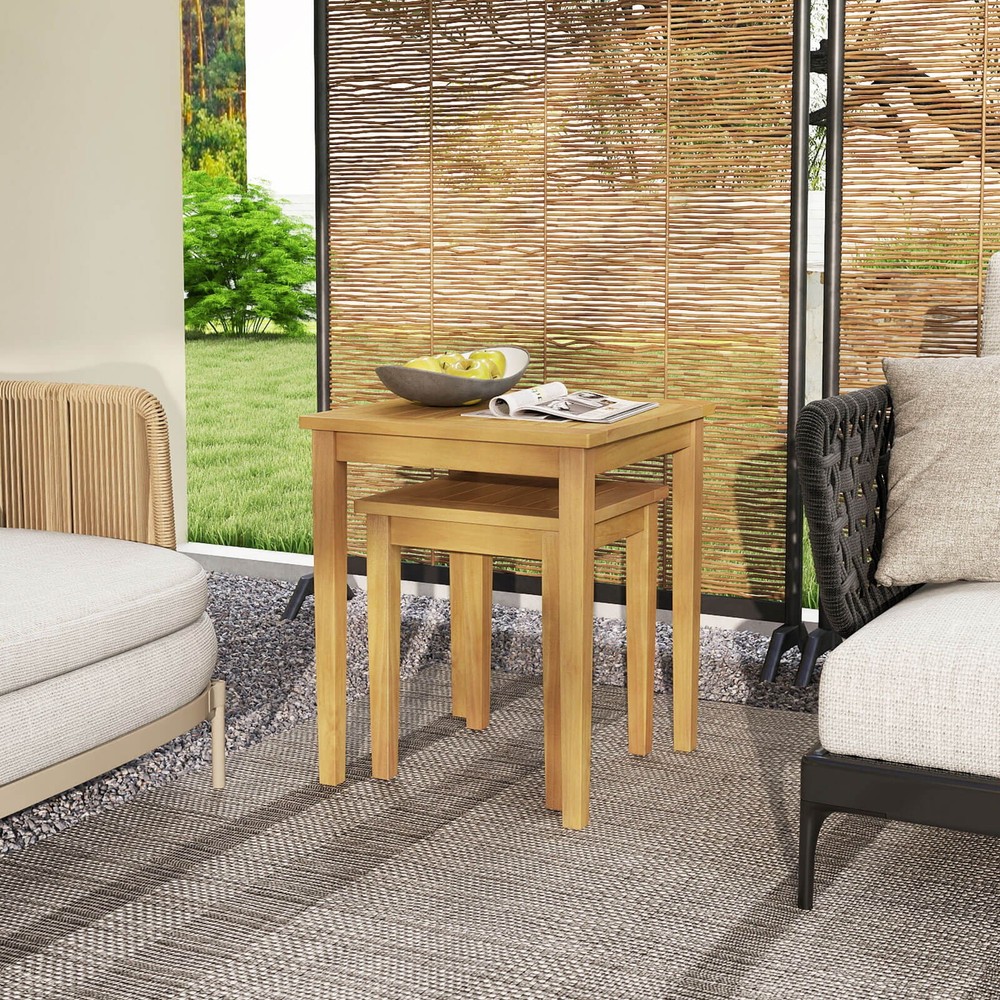2 PCS Patio Nesting Table Teak Wood Outdoor Space Saving Design Square End Table