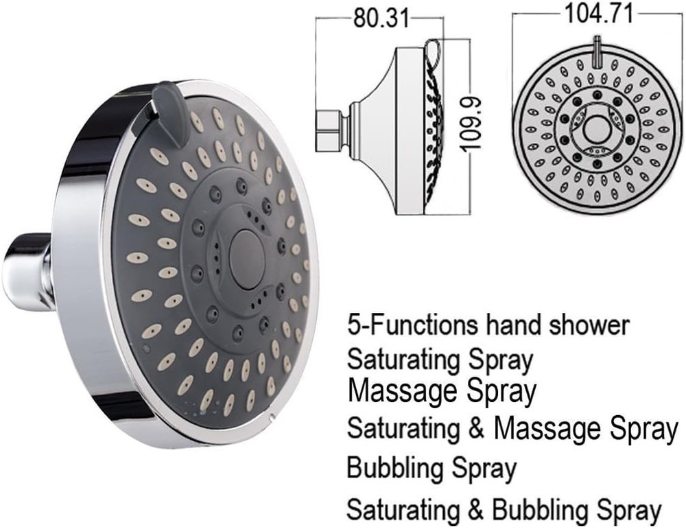 High Pressure Fixed Shower Head 5-Setting Rainfall Adjustable Wall Mount Chrome