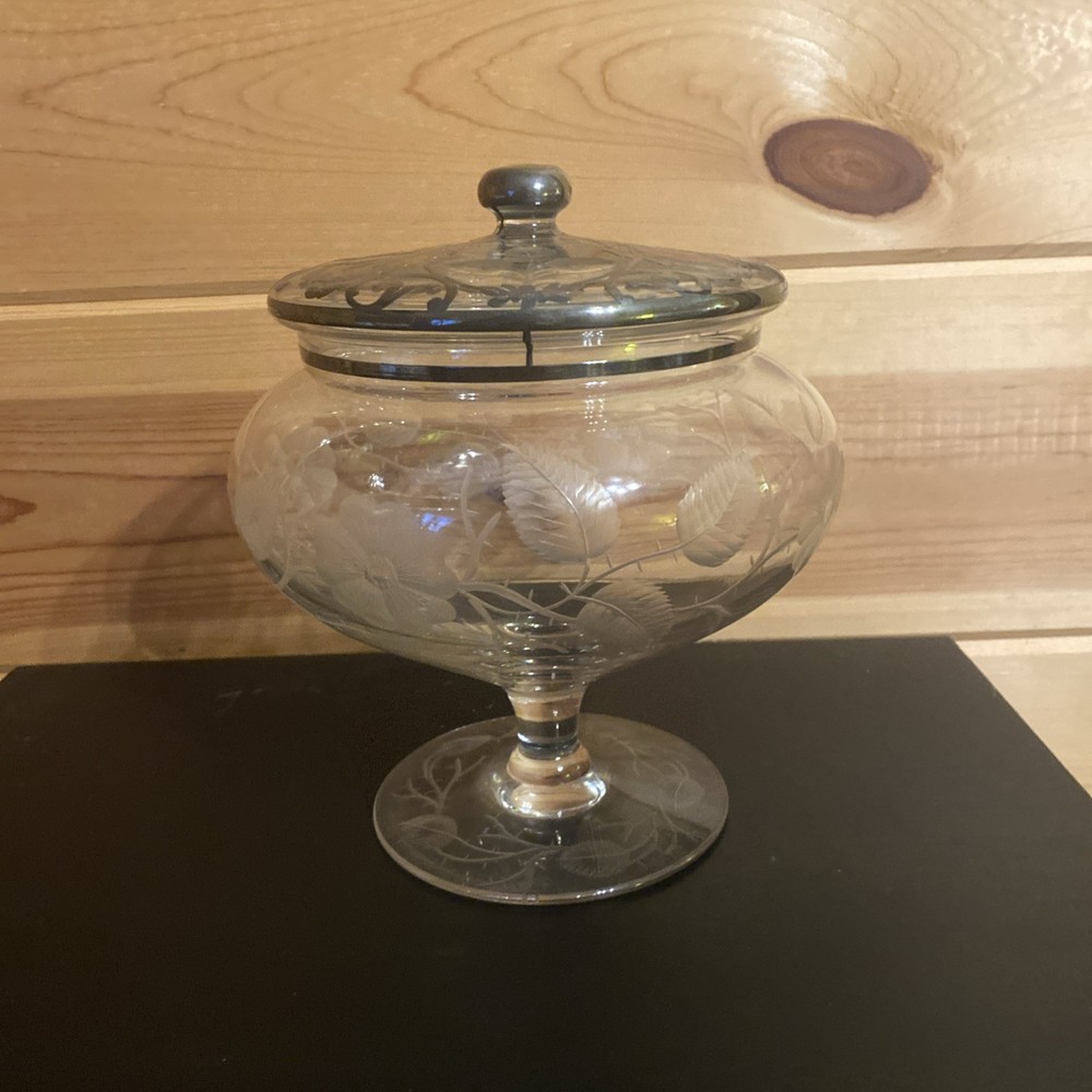 Etched Glass Compote With Silver Overlay Beautiful!