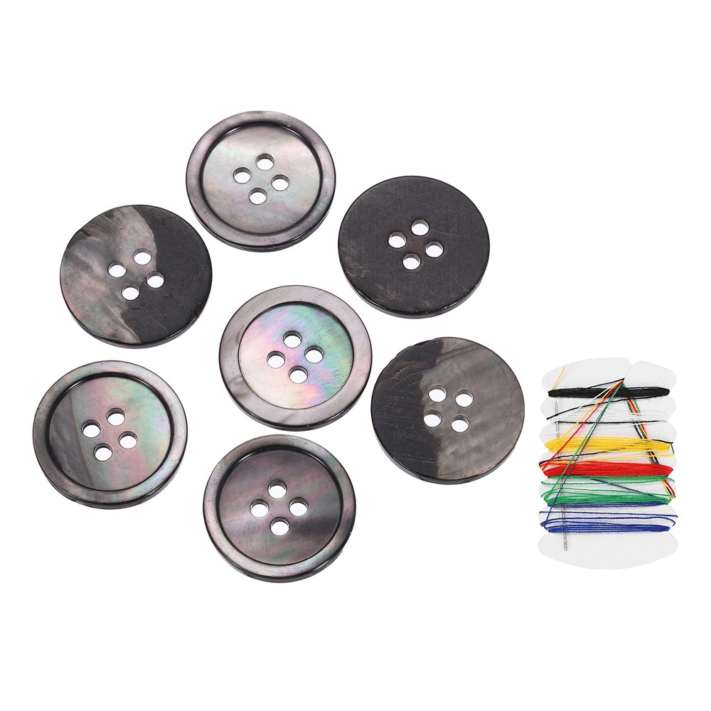 7Pcs 4 Hole 20mm Natural Shell Button with Sewing Thread Kit, Black