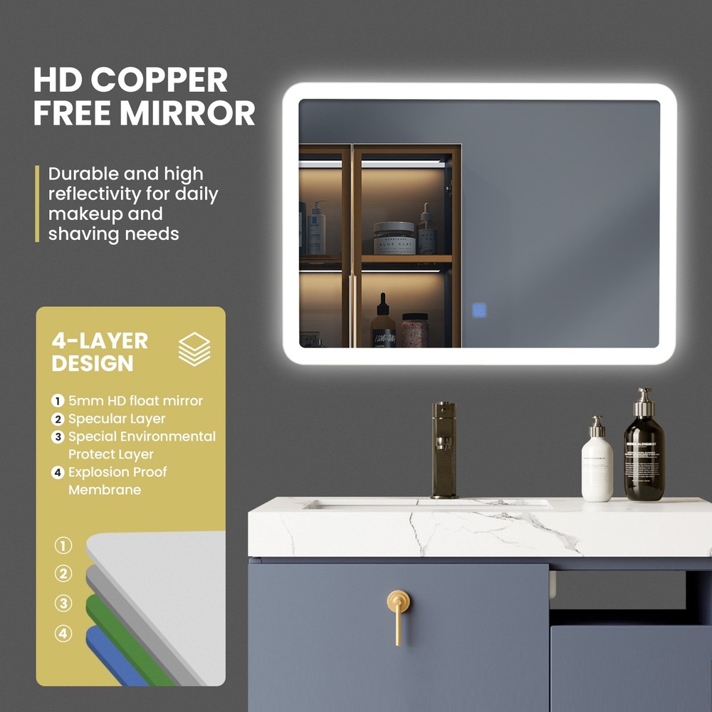 Wall Mounted Rectangle Bathroom LED Mirror Dimmable Touch 3-Color Frameless