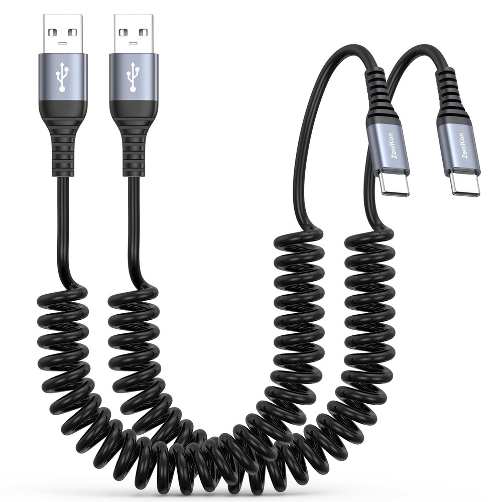 ZeniKon USB A to C Coiled Cable 3FT 2-Pack, C 3FT-2Pack, Grey