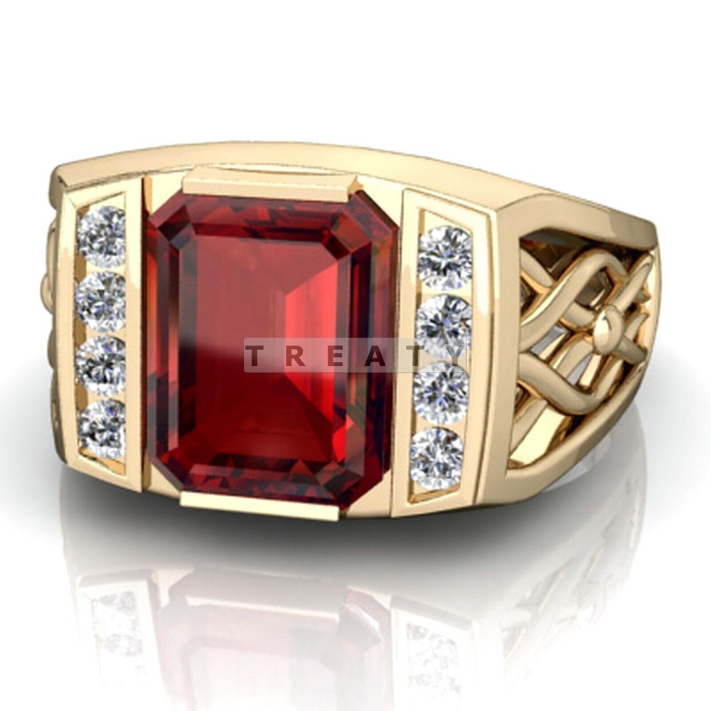 Ruby Emerald Cut Gemstone With 14K Solid White Gold Ring For Men's #99