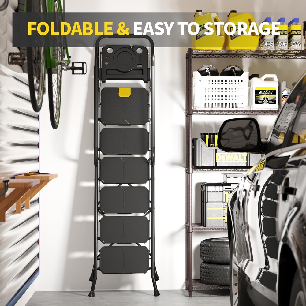 KINGRACK 6 Step Ladder with Tool Platform, 6-Step Handrail, Black&yellow