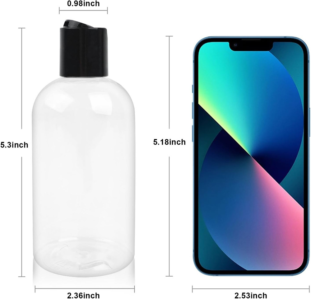 2 Pack 8 oz Empty Plastic Bottles with Black Disc Caps Reusable Clear Leak-Proof