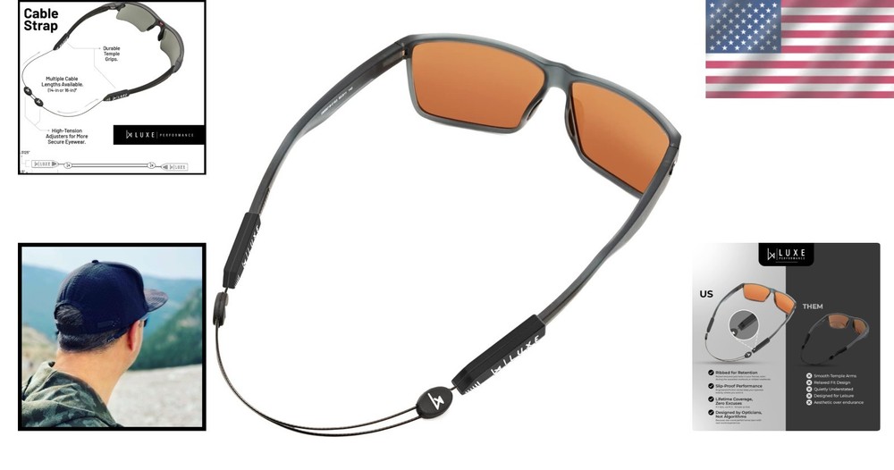 Durable Adjustable Sunglasses Strap | Luxe Black Eyewear Retainer for Active Men