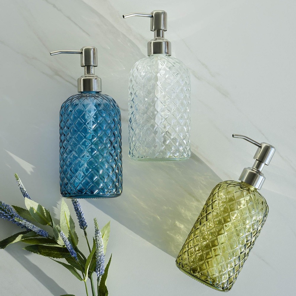 18Oz Gem Patterned Glass Soap Dispenser for Kitchen and Bathroom, Refillable ...