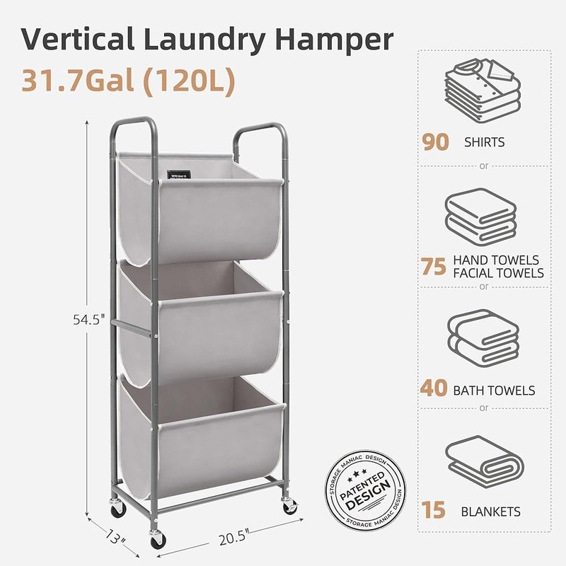 Space Saving Laundry Sorter 120L Capacity Multi Compartment Hamper W/ Wheels New