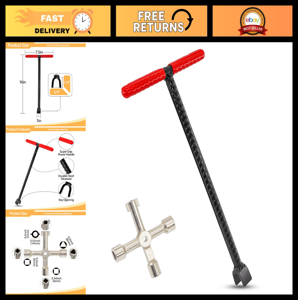 16" Multi-Functional Water Meter Key - 4 Way Valve Shutoff Tool for Utilities