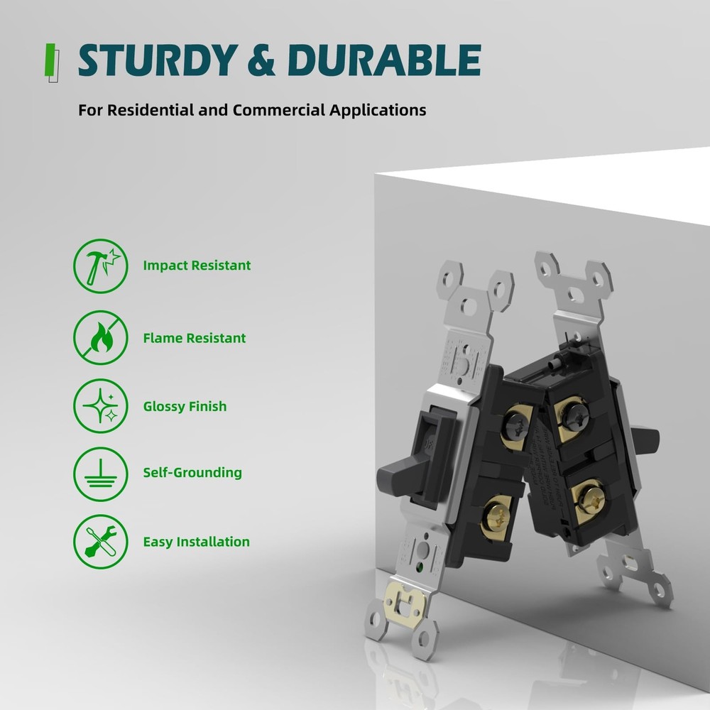 Single Pole Toggle Light Switch 15 Amp Single Pole On/Off Wall Switch for Res...