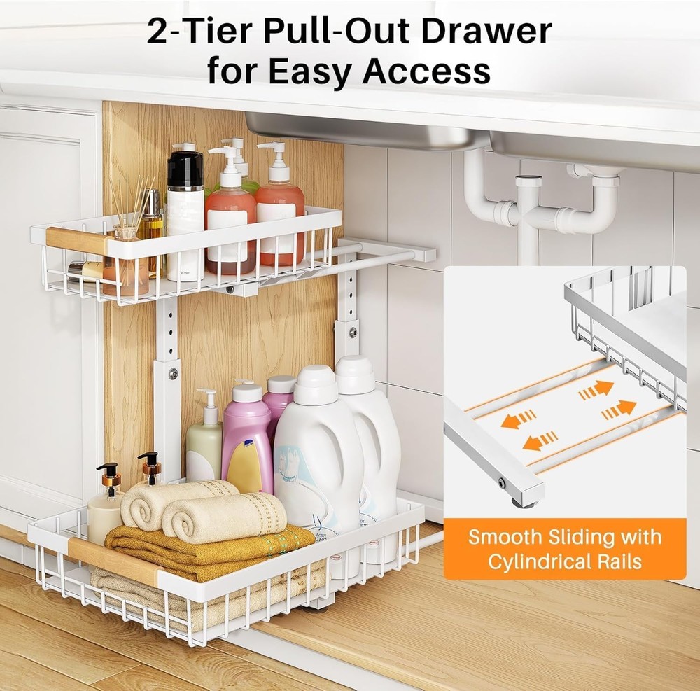 Under Sink Organizer, Adjustable Height, 2 Tier Pull Out Under Cabinet Organi...