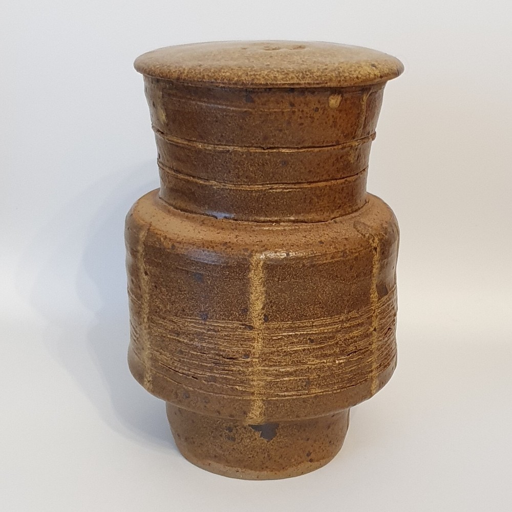 Vintage MCM Earthenware Covered Jar Ash Glaze Threaded 6.5"H Signed