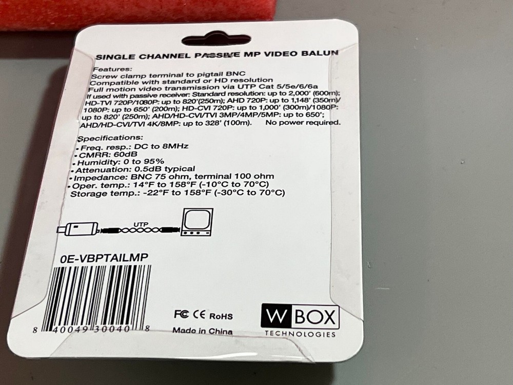 WBOX TECHNOLOGIES 0E-VBPTAILMP 4K/8MP VIDEO BALUN Pigtail BNC