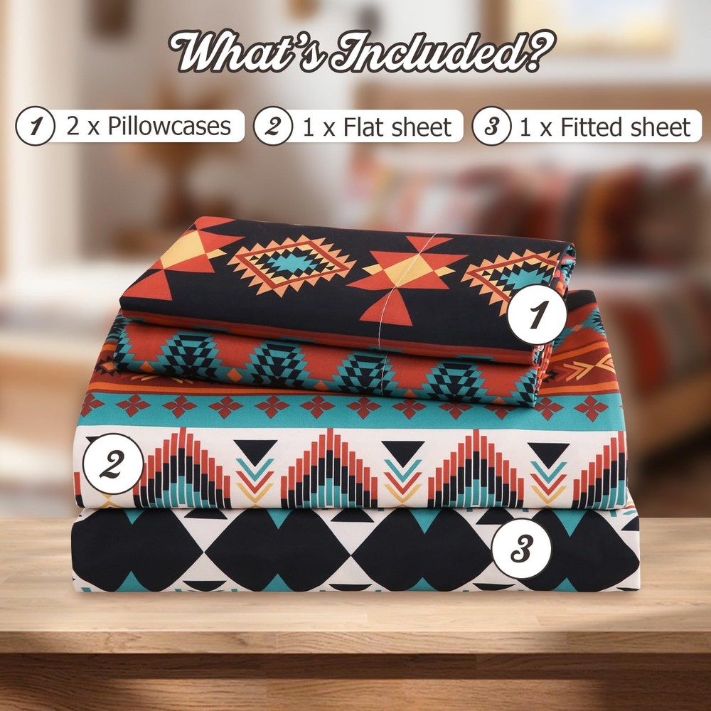 4 Pieces Queen Sheet Set Bohemian, Boho Sheets Soft Microfiber Deep Pocket, W...