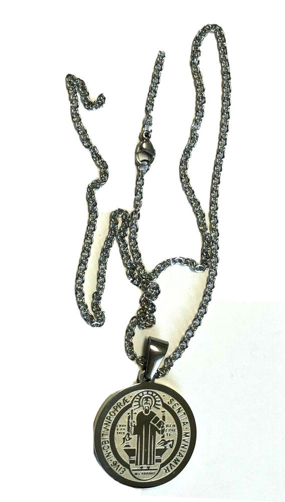 Saint Benedict Laser Engraved Image Silver  Pendant, New