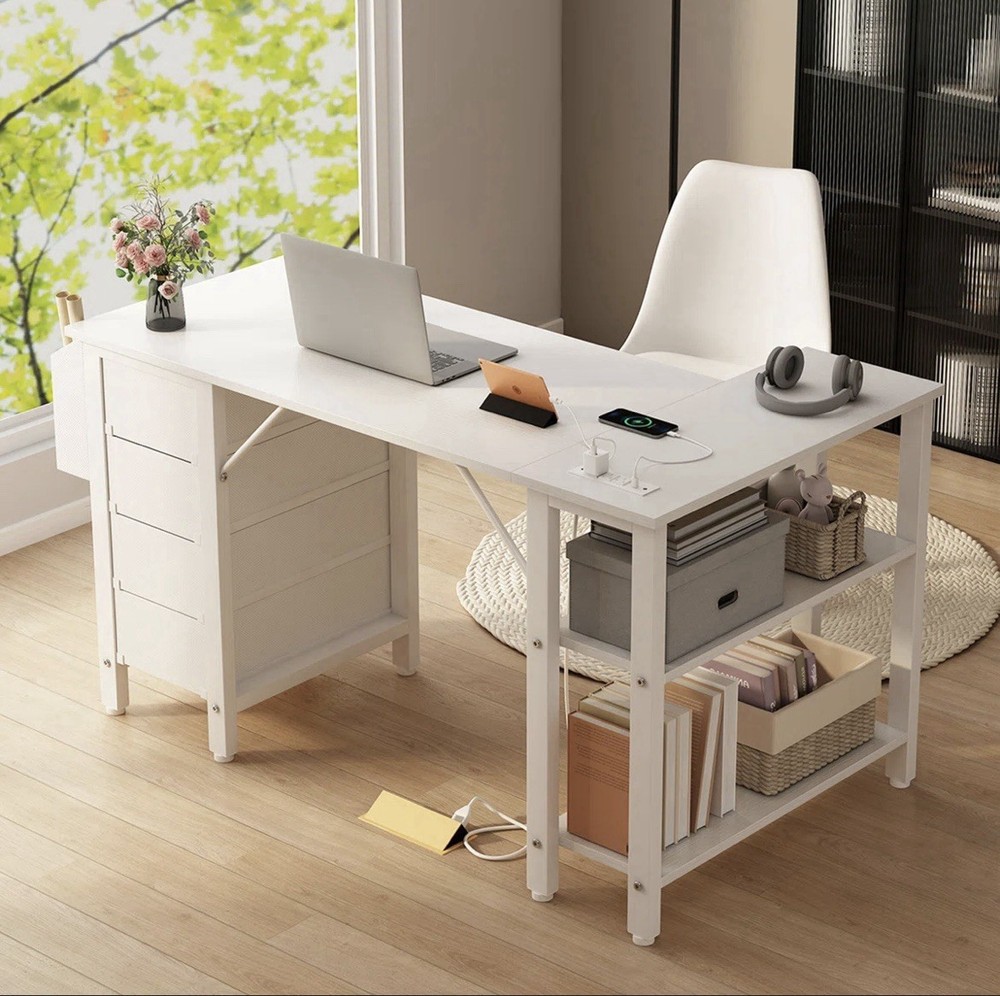 White desk with a side pocket and shelves