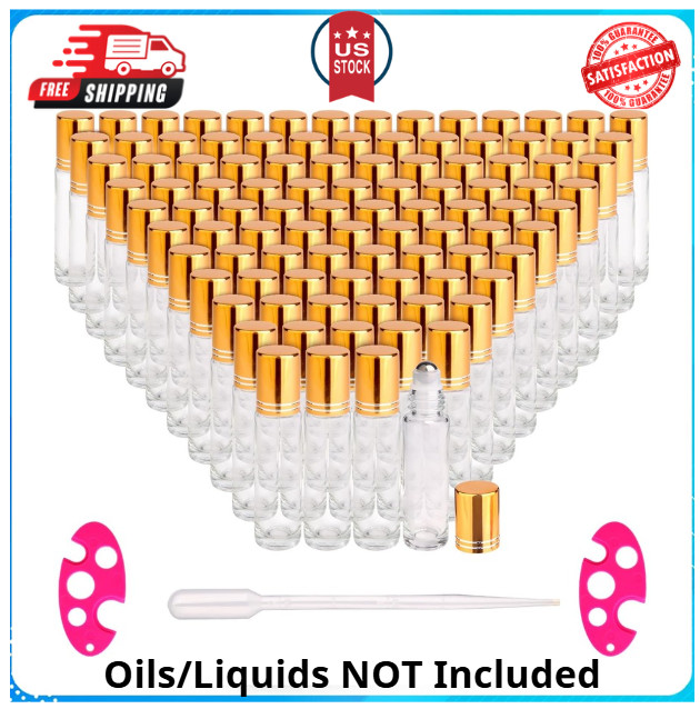 100 Pack,10ml Roller Bottles for Essential Oils Applicator Clear Glass Bottle...