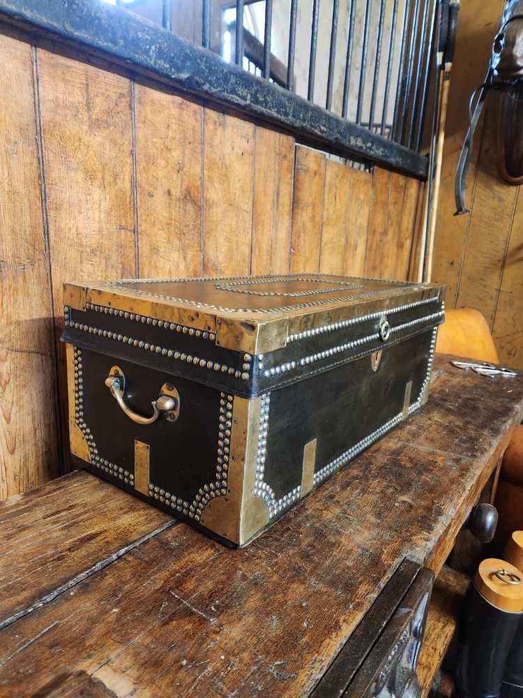 Antique Black Brass Rivetted Wooden Solid Trunk.