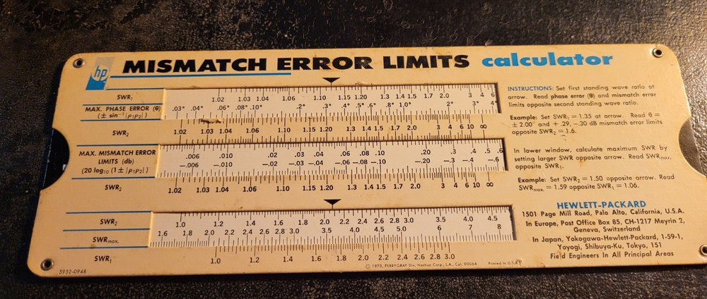 Reflectometer & Mismatch Error Limits Slide Rule Calculator Hewlitt-Packard Co.