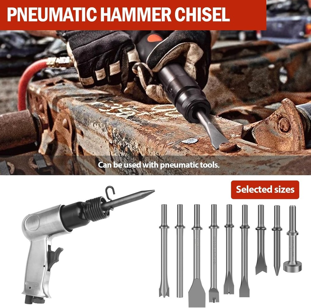 9 Pack Air Hammer Bits Pneumatic Chisel Set Air Hammer Punch Chipping Bits Tools