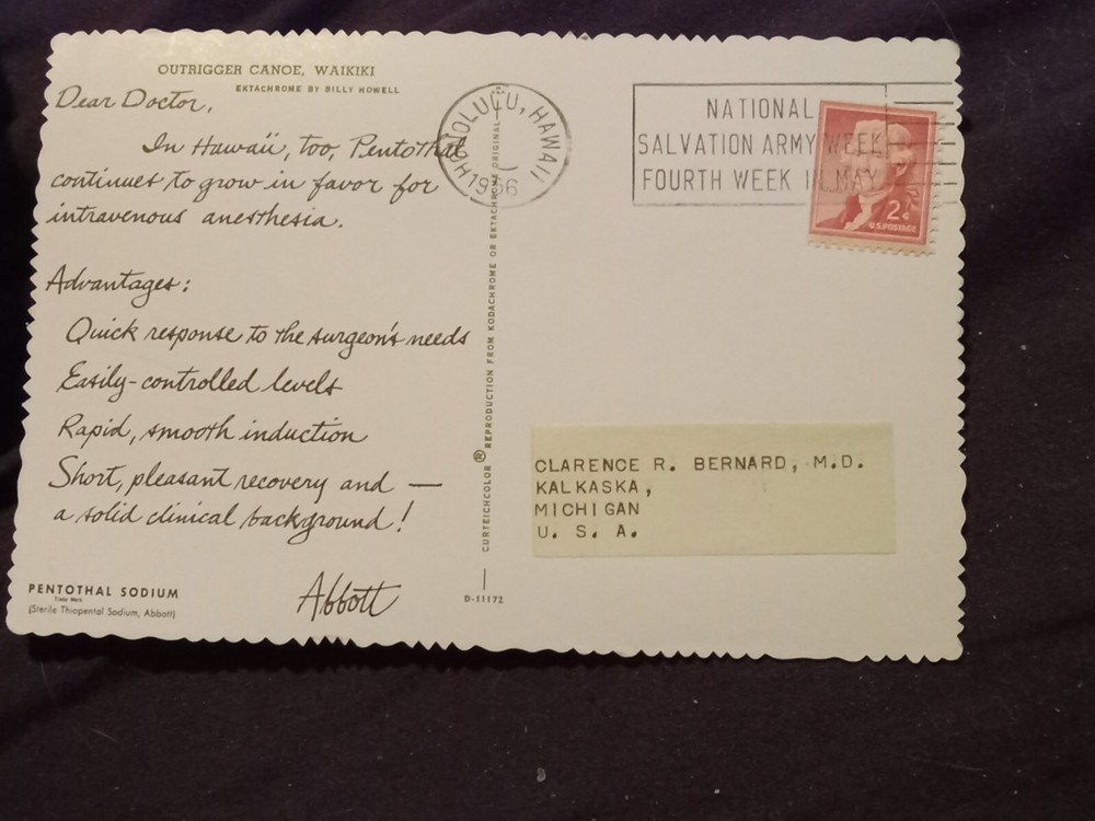 Thomas Jefferson 2 Cent red postage stamp on post card Hawaii postmarked 1956