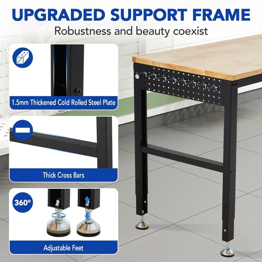 Adjustable Workbench 60"x20" 2000lbs Load Capacity Height Adjustable 29.5"-38.4"