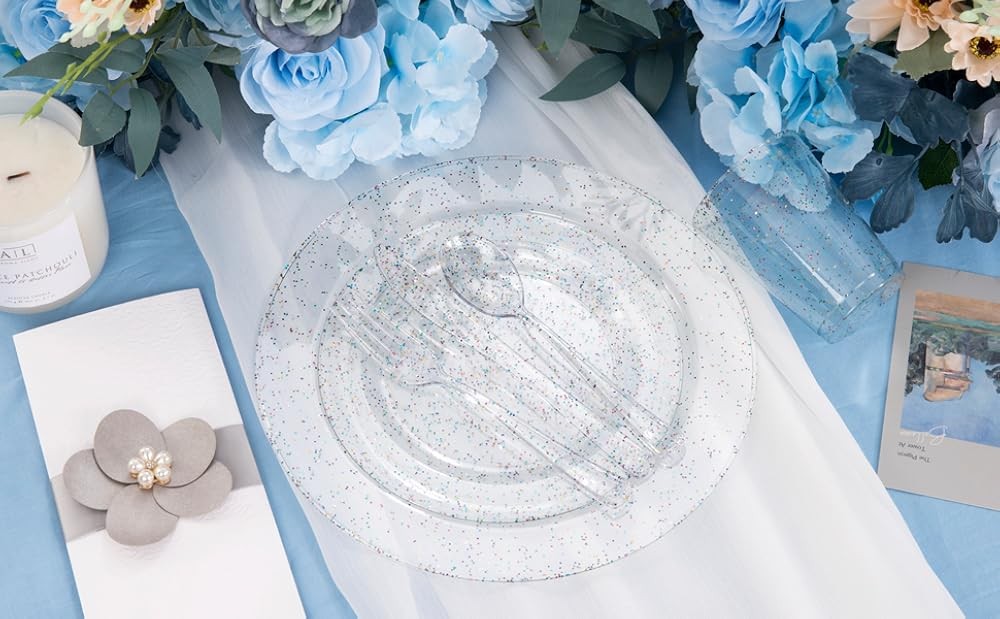 Rubtlp Glitter Plastic Plates with Glitter Disposable Sierware, Clear